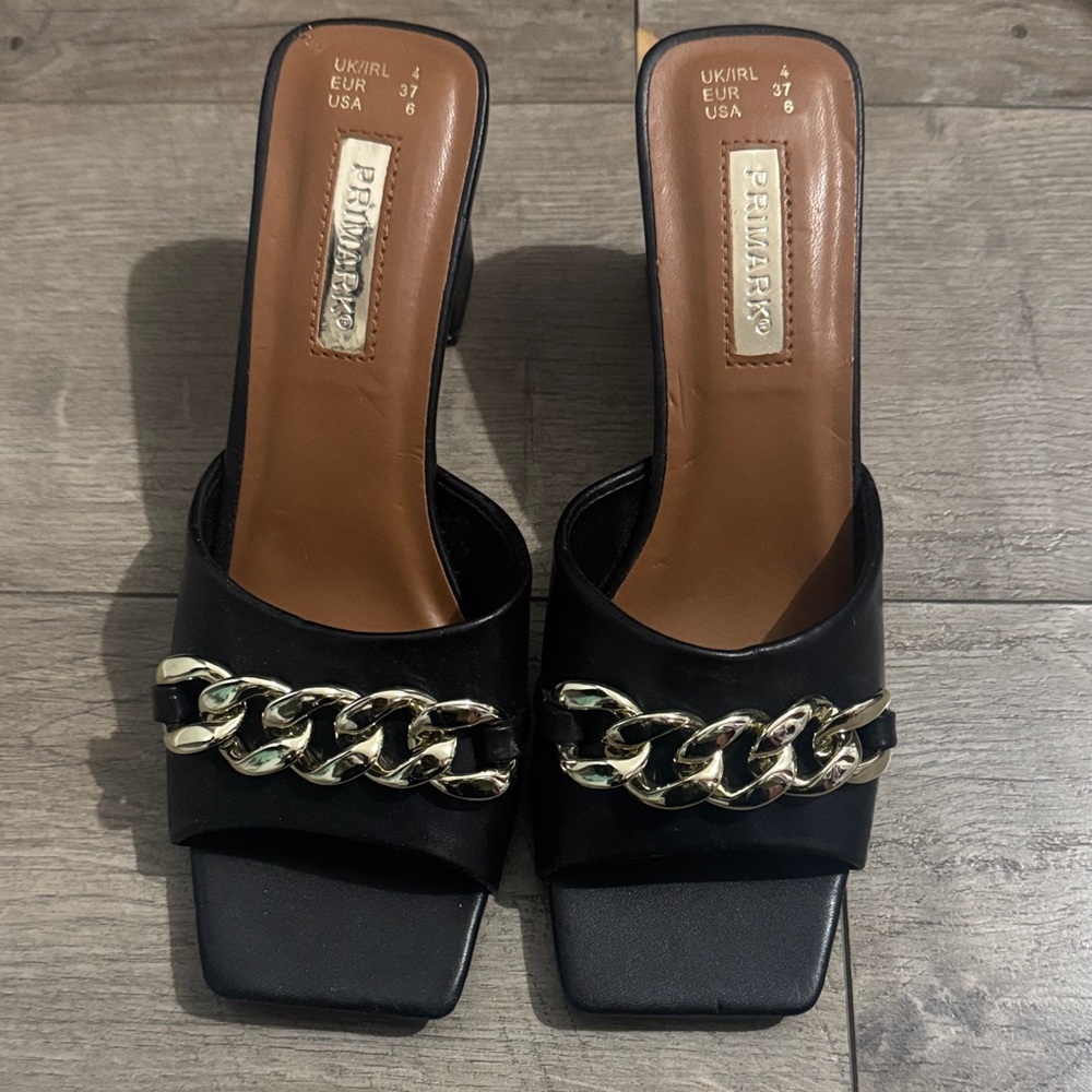 Primark Black Mules with Silver Chain Accent